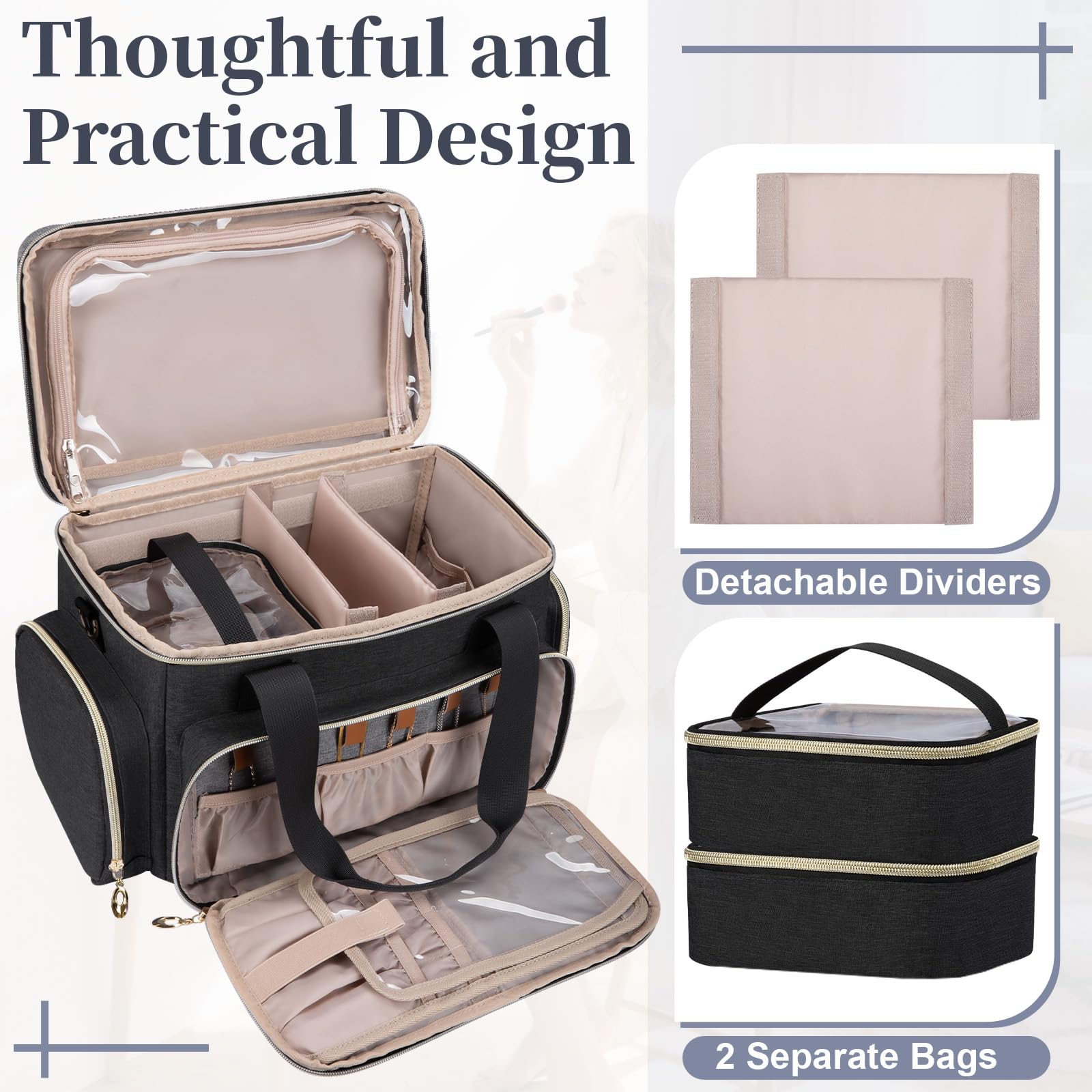 GDNasist large makeup bag with strap and handles enabling easy carry on trips