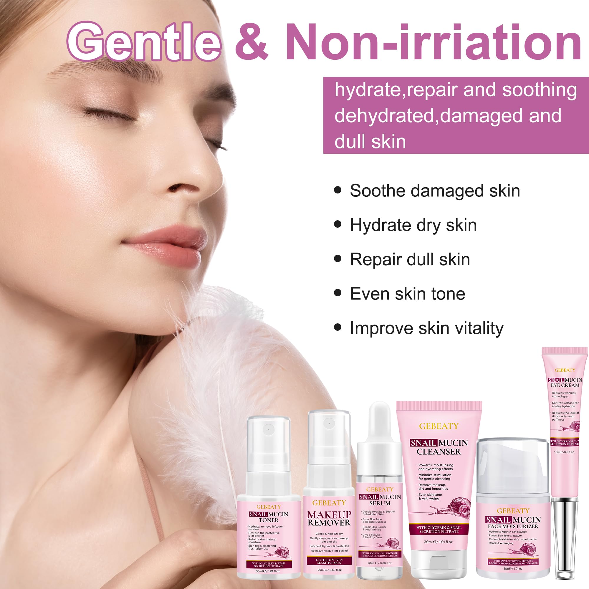 GEBEATY snail mucin cleanser bottle demonstrates deep cleansing with lightweight feel.