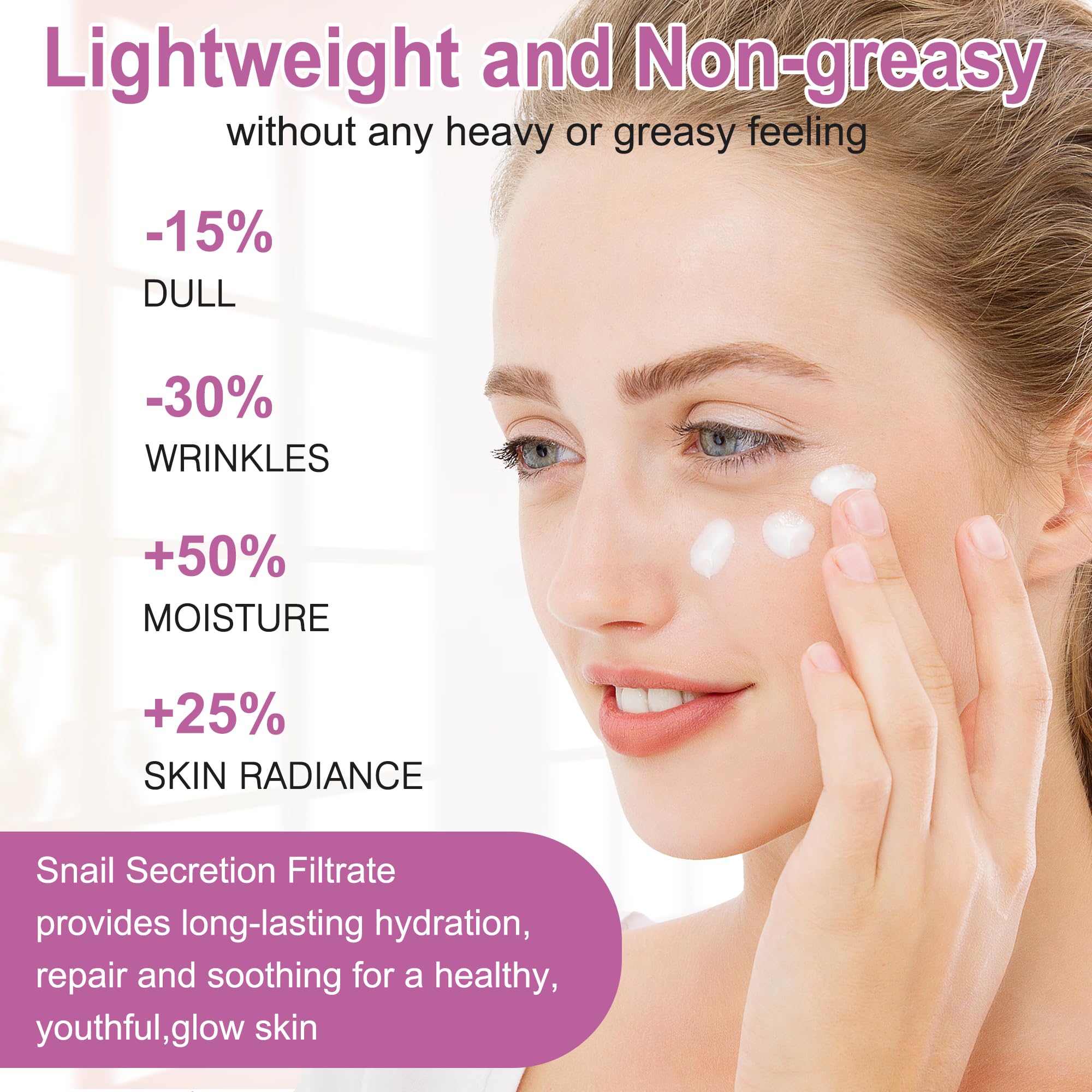 GEBEATY snail mucin moisturizer jar shows non-greasy lasting moisture.