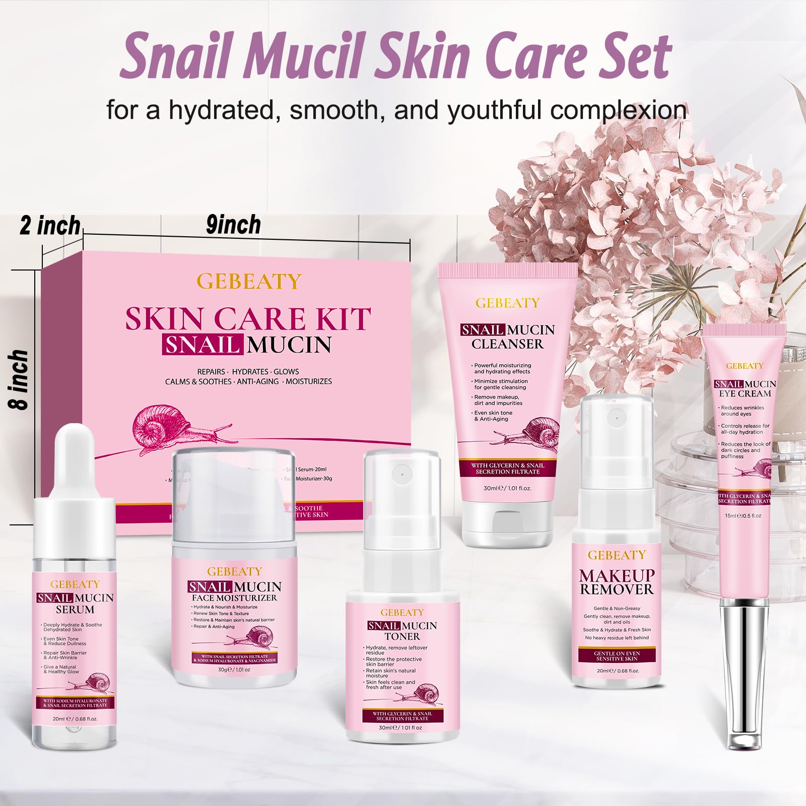 GEBEATY snail mucin serum dropper highlights fast-absorbing hydration.