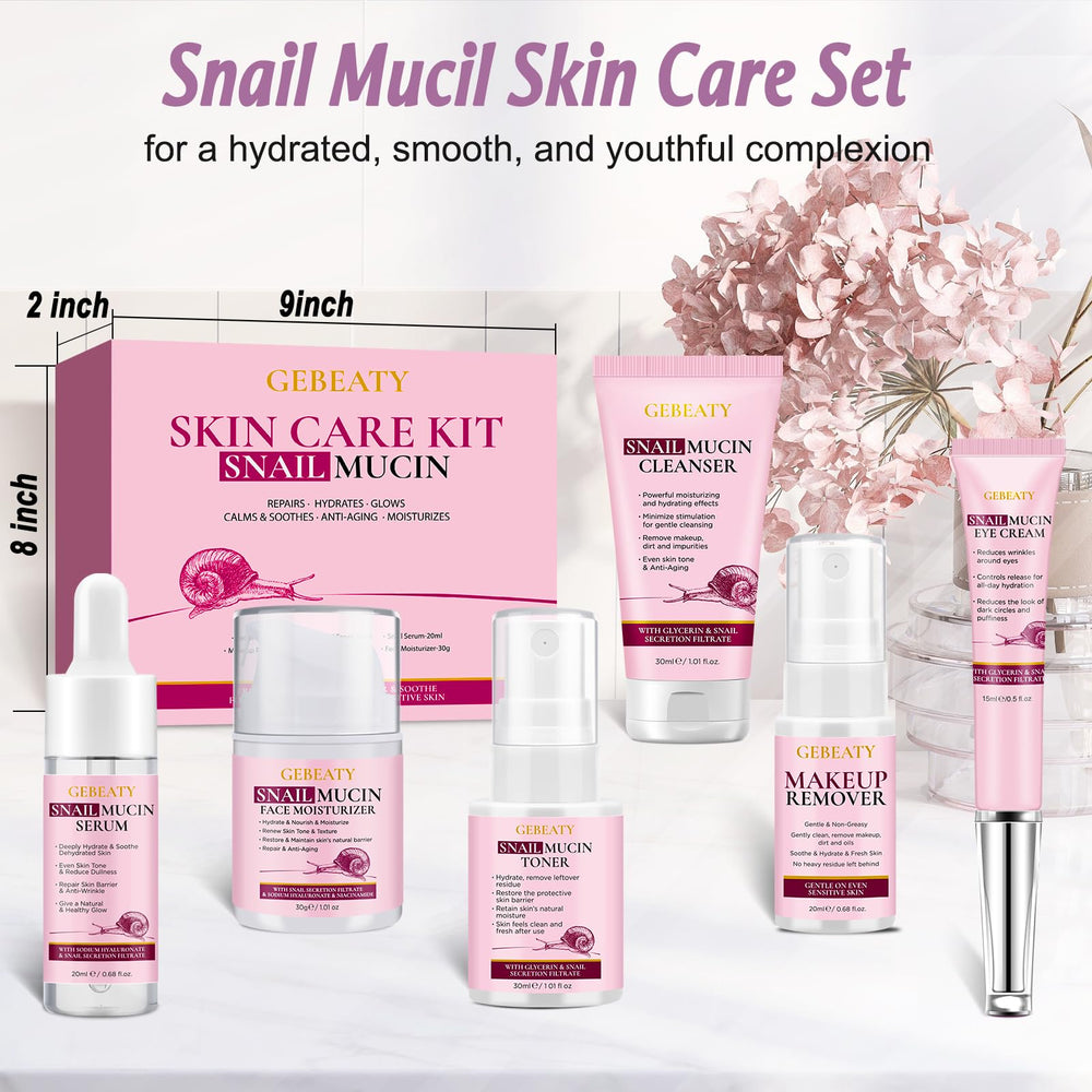 GEBEATY snail mucin serum dropper highlights fast-absorbing hydration.