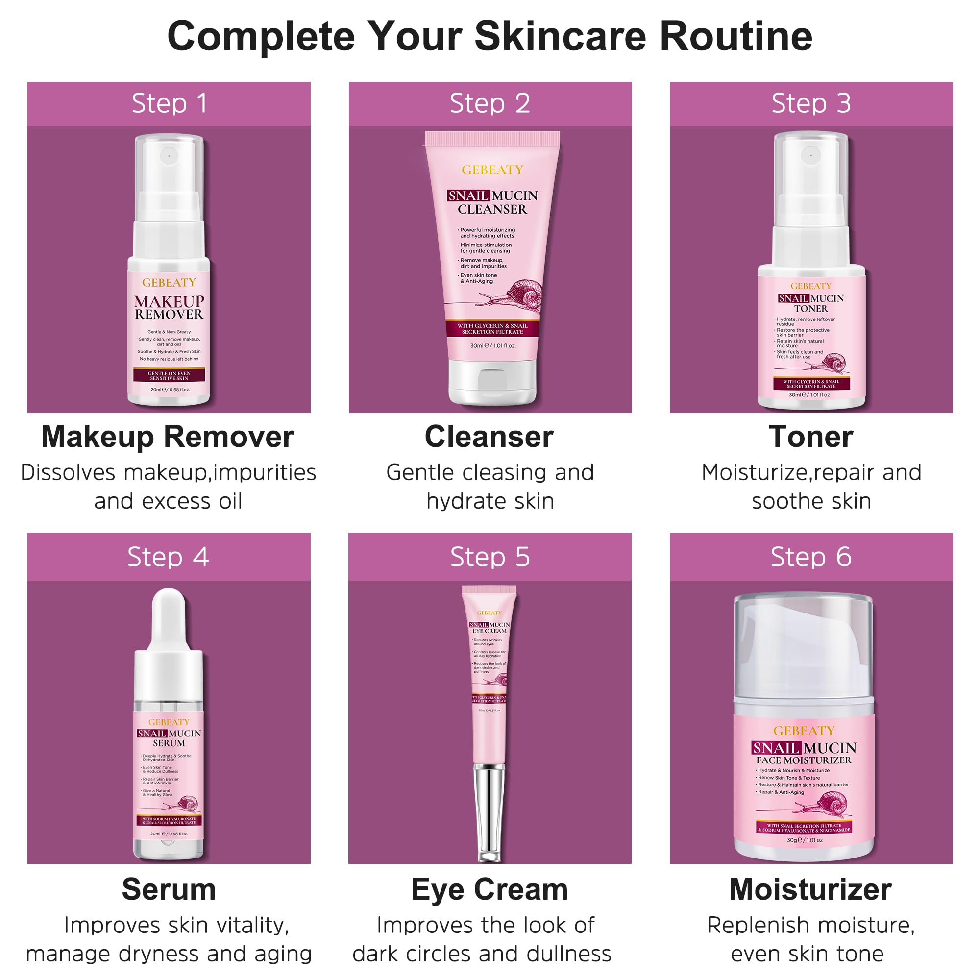 GEBEATY snail mucin toner bottle delivering hydrating and soothing steps.