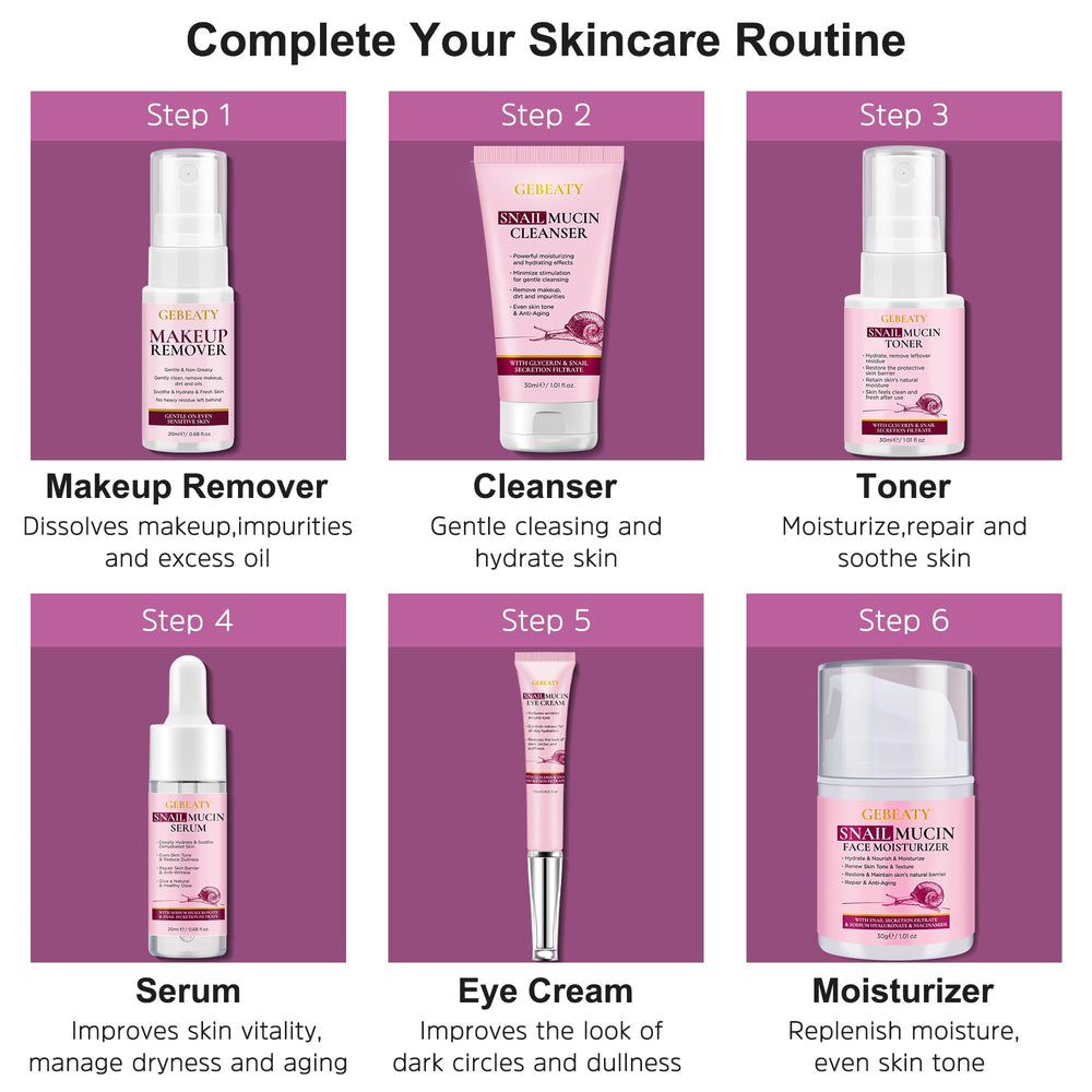GEBEATY snail mucin toner bottle delivering hydrating and soothing steps.