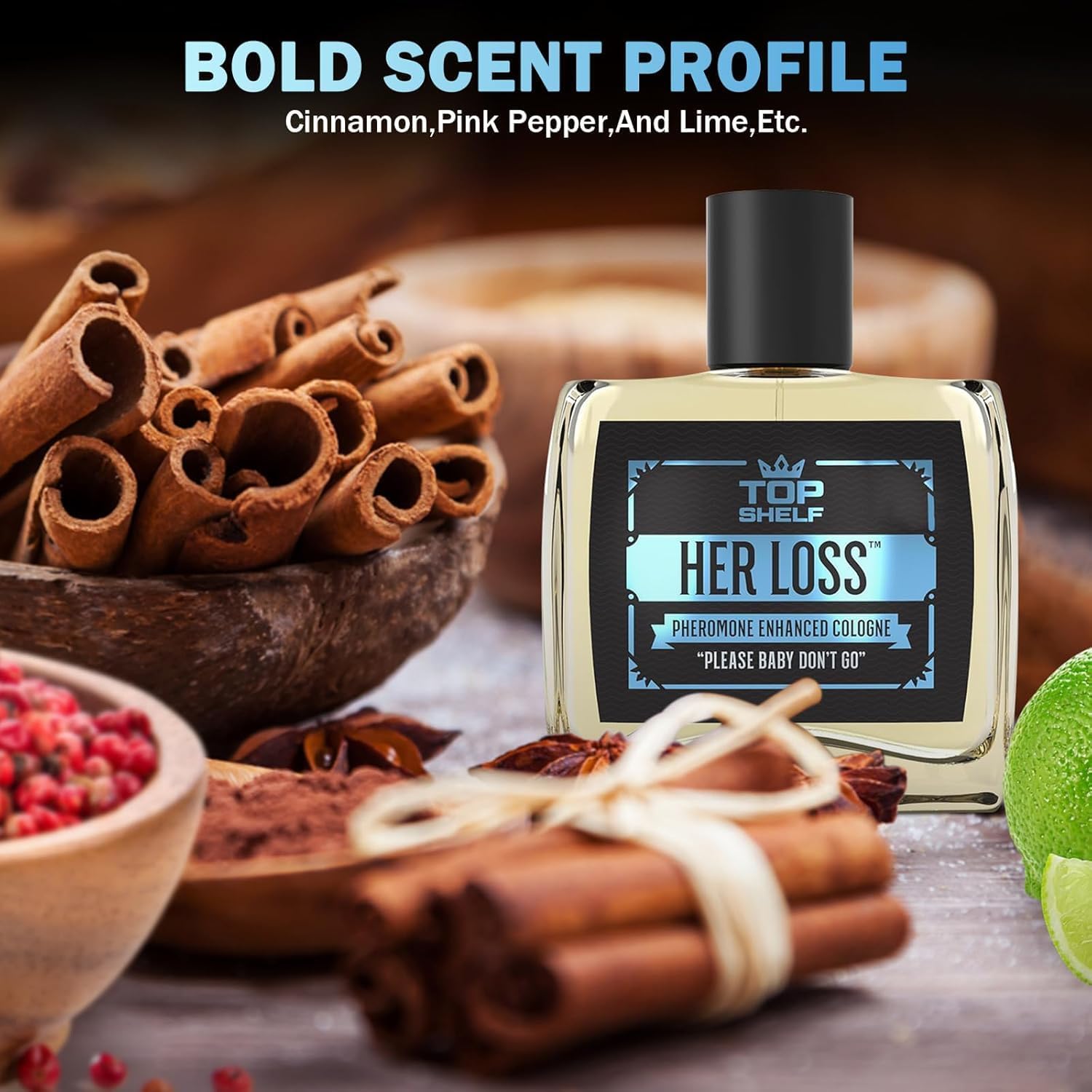 GEBUTP Her Loss Cologne bottle on a dresser scene evokes daily confidence for work or dates.