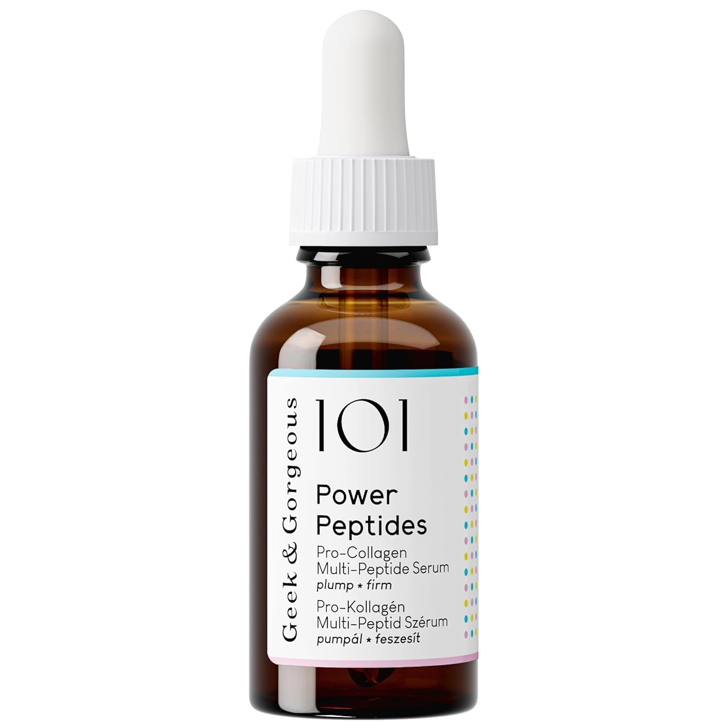 Geek & Gorgeous Power Peptides Serum bottle close-up highlighting firming potential