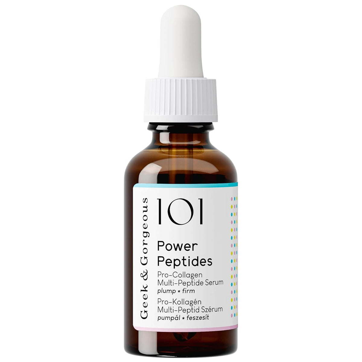 Geek & Gorgeous Power Peptides Serum bottle close-up highlighting firming potential