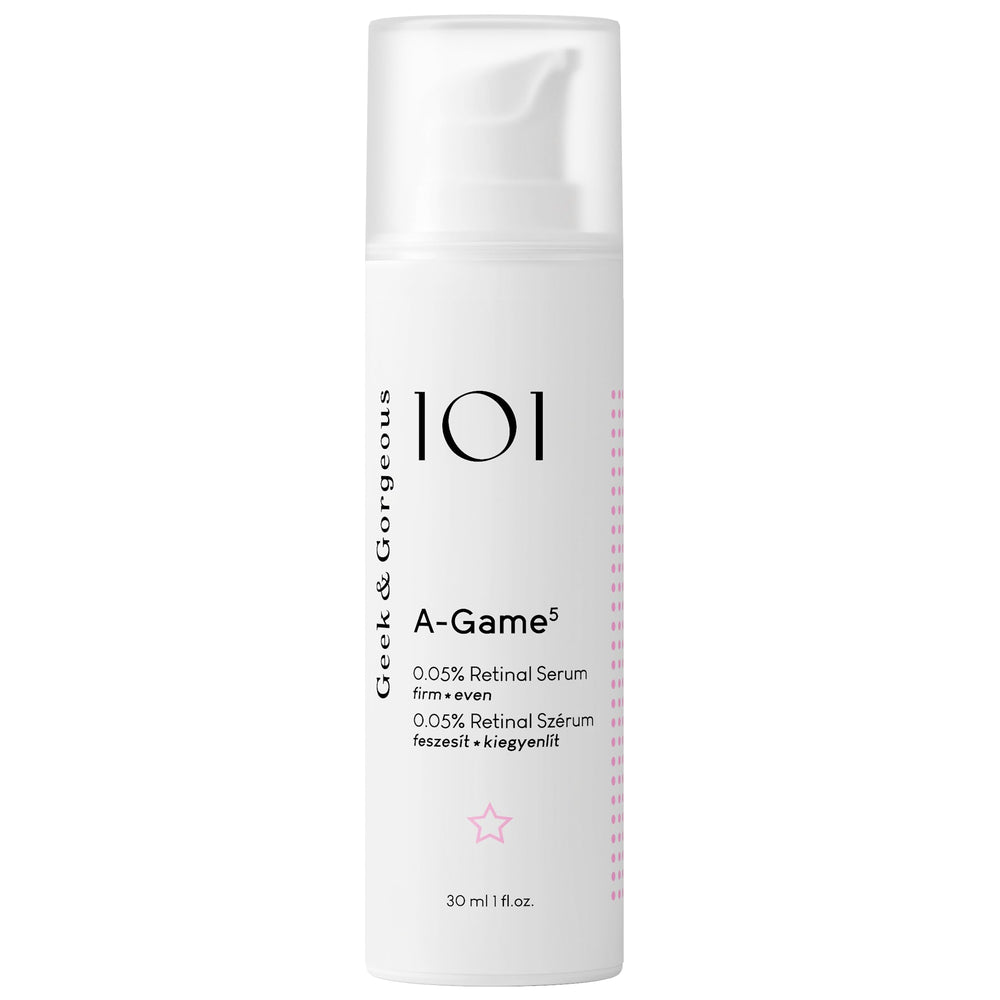 Geek & Gorgeous A-Game 5 serum bottle ready for daily skincare.