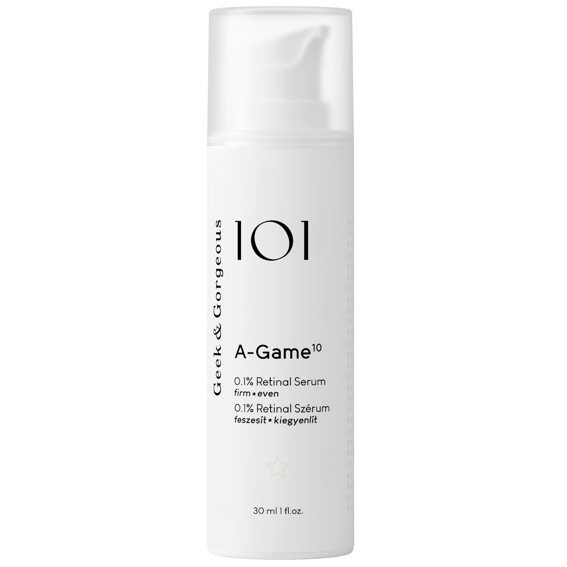 Geek & Gorgeous A-Game retinal serum bottle for smooth, refined skin texture.