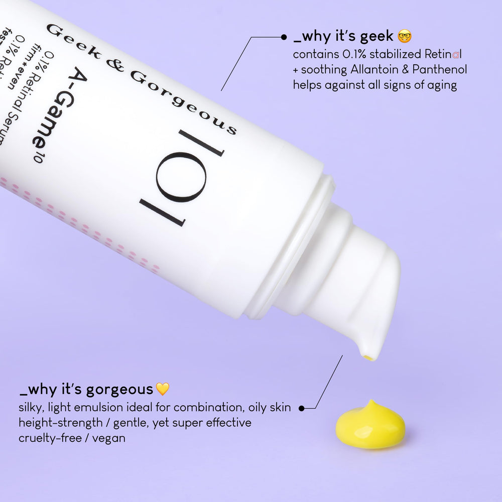 Geek & Gorgeous A-Game retinal serum label highlights 0.1% retinal for anti-aging care.