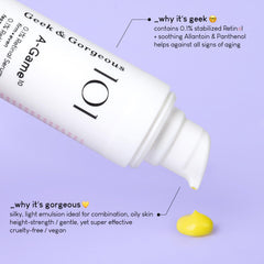 Geek & Gorgeous A-Game retinal serum label highlights 0.1% retinal for anti-aging care.