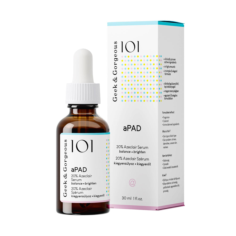Geek & Gorgeous aPAD serum bottle for redness relief and gentle daily soothing.