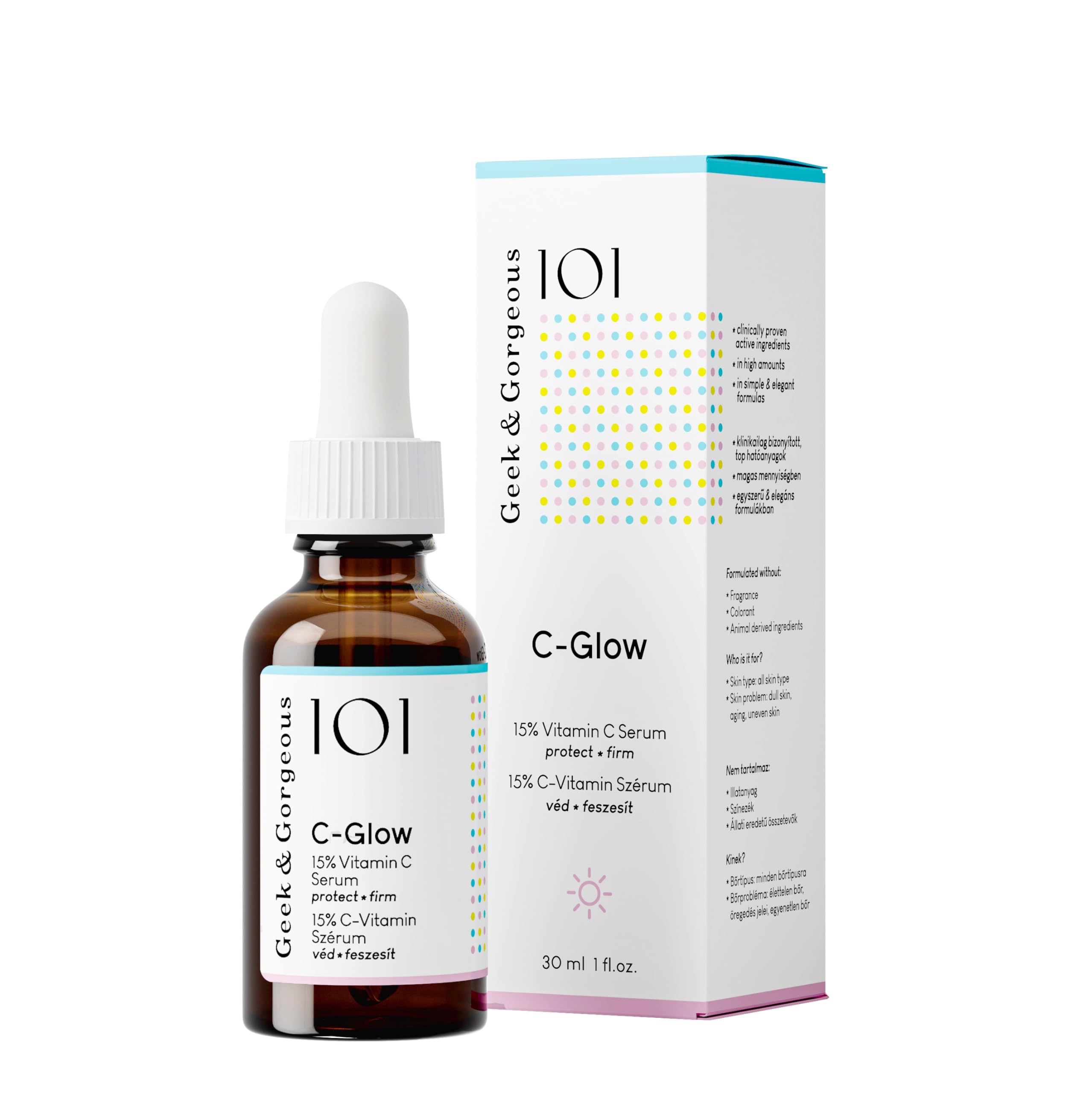Geek & Gorgeous C-Glow bottle closeup with vitamin C antioxidant protection.