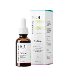 Geek & Gorgeous C-Glow bottle closeup with vitamin C antioxidant protection.