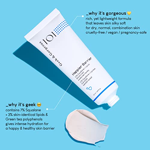 Geek & Gorgeous Happier Barrier applying on skin for smooth absorption.