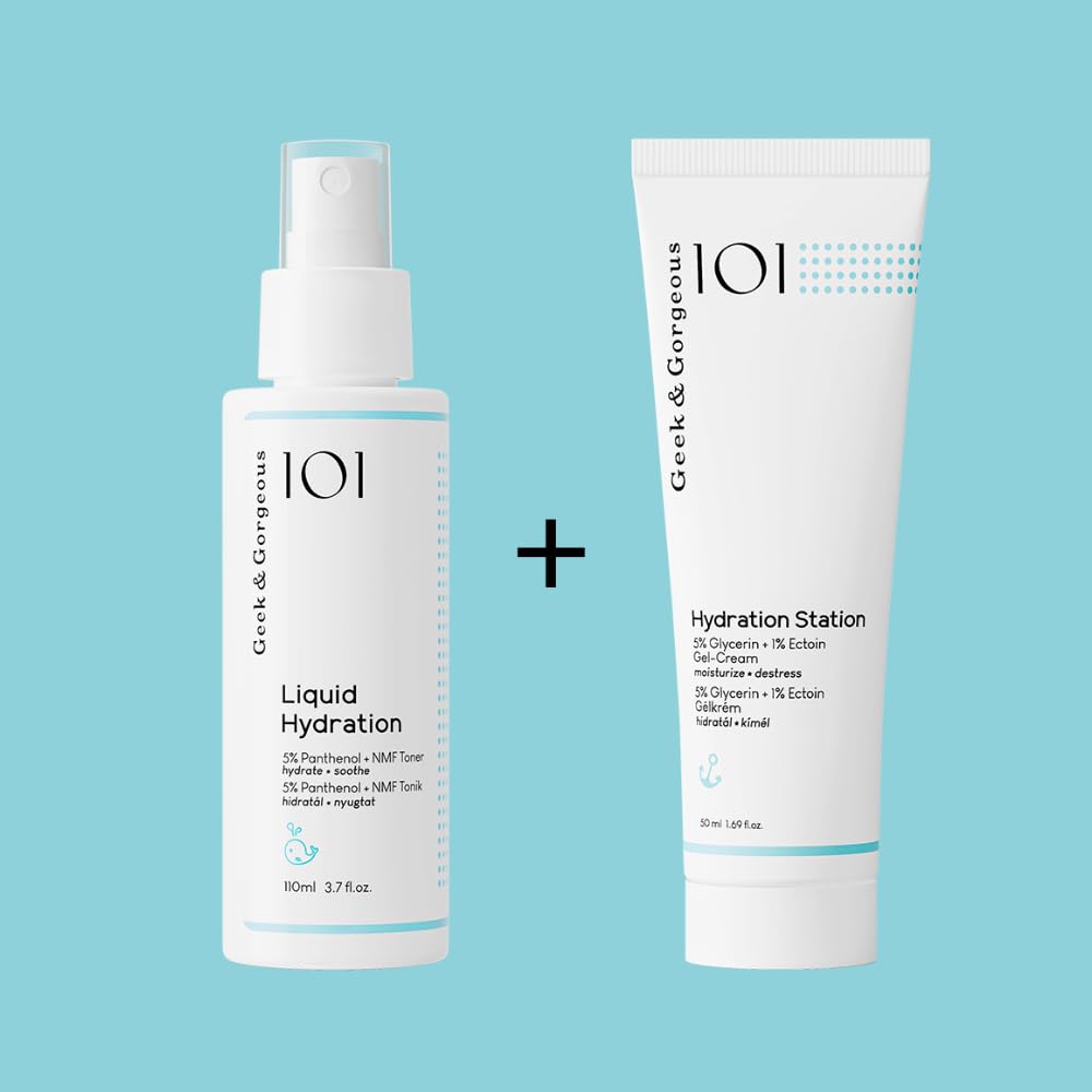 Geek & Gorgeous Liquid Hydration daily-use setting communicates soothing hydration routine.