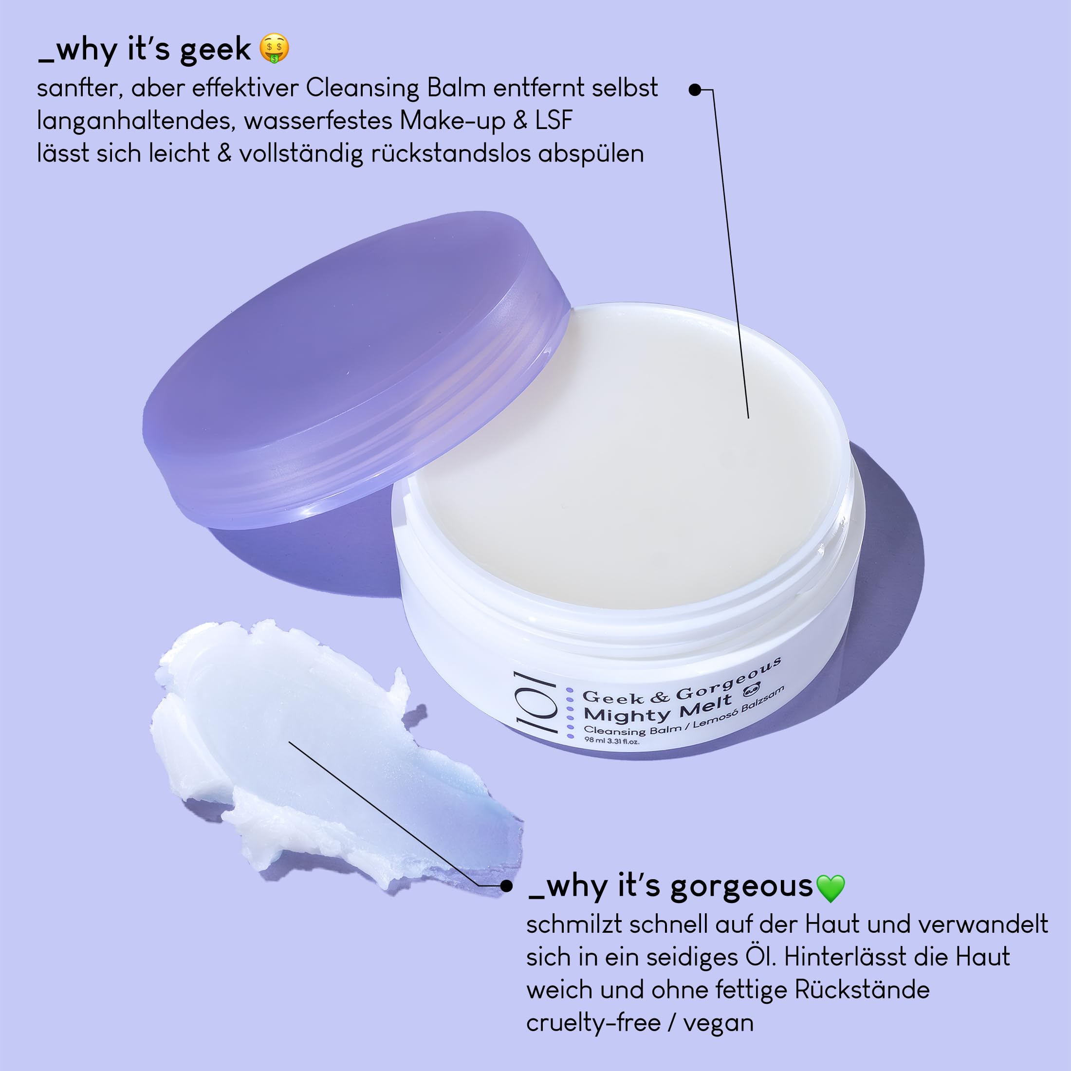 Geek & Gorgeous Mighty Melt dissolves waterproof makeup and sunscreen on skin.