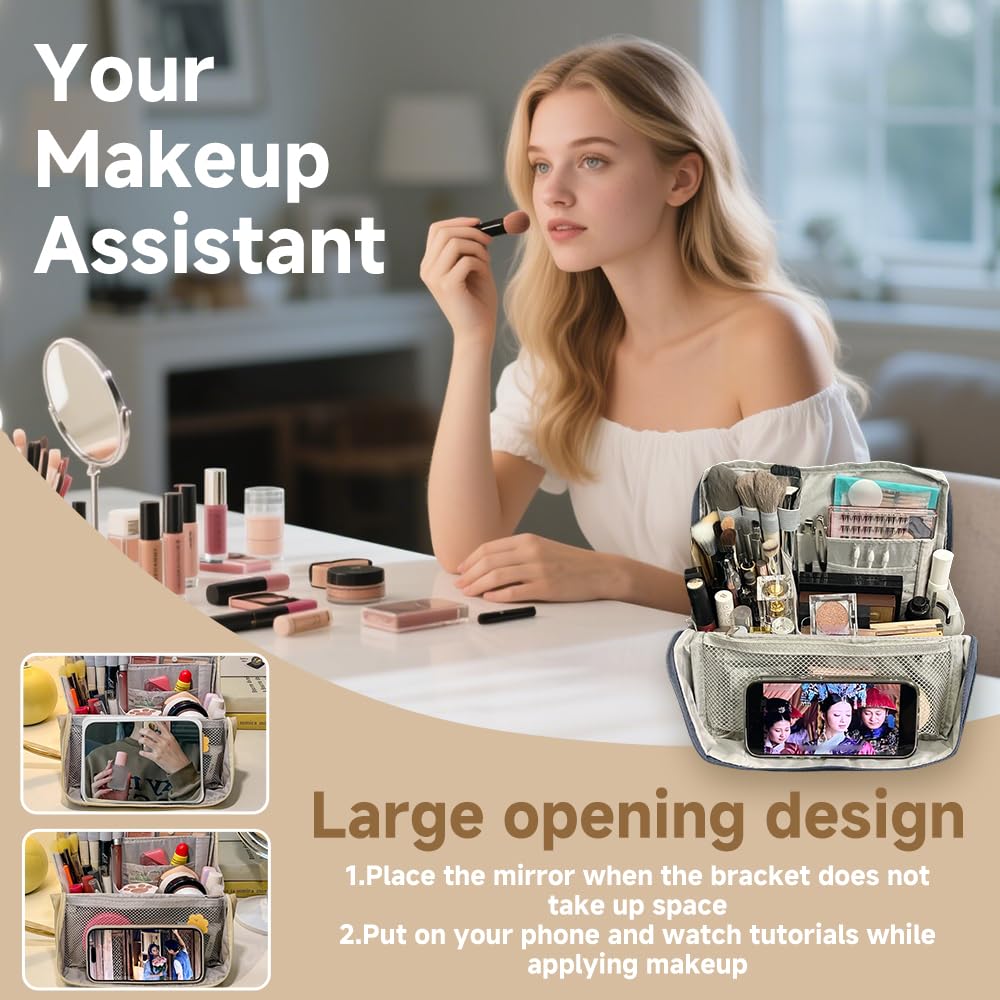 Geelraqaly standing makeup bag front panel folds open for wide item visibility