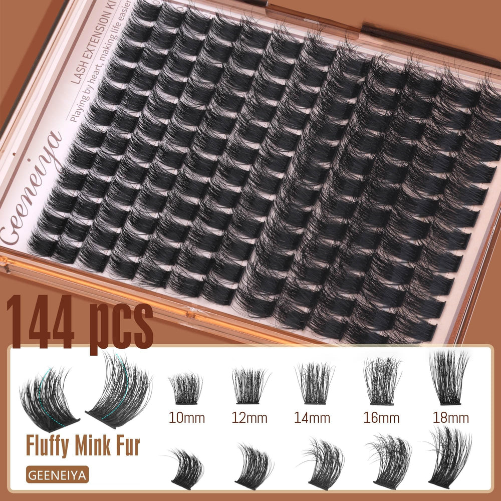 Geeneiya 10-18mm lash extension clusters demonstrated for versatile wispy styles at home.