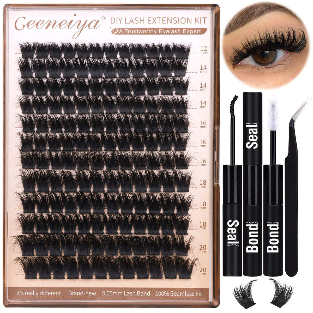 Geeneiya 200D lash clusters kit packaging promotes easy at-home use.