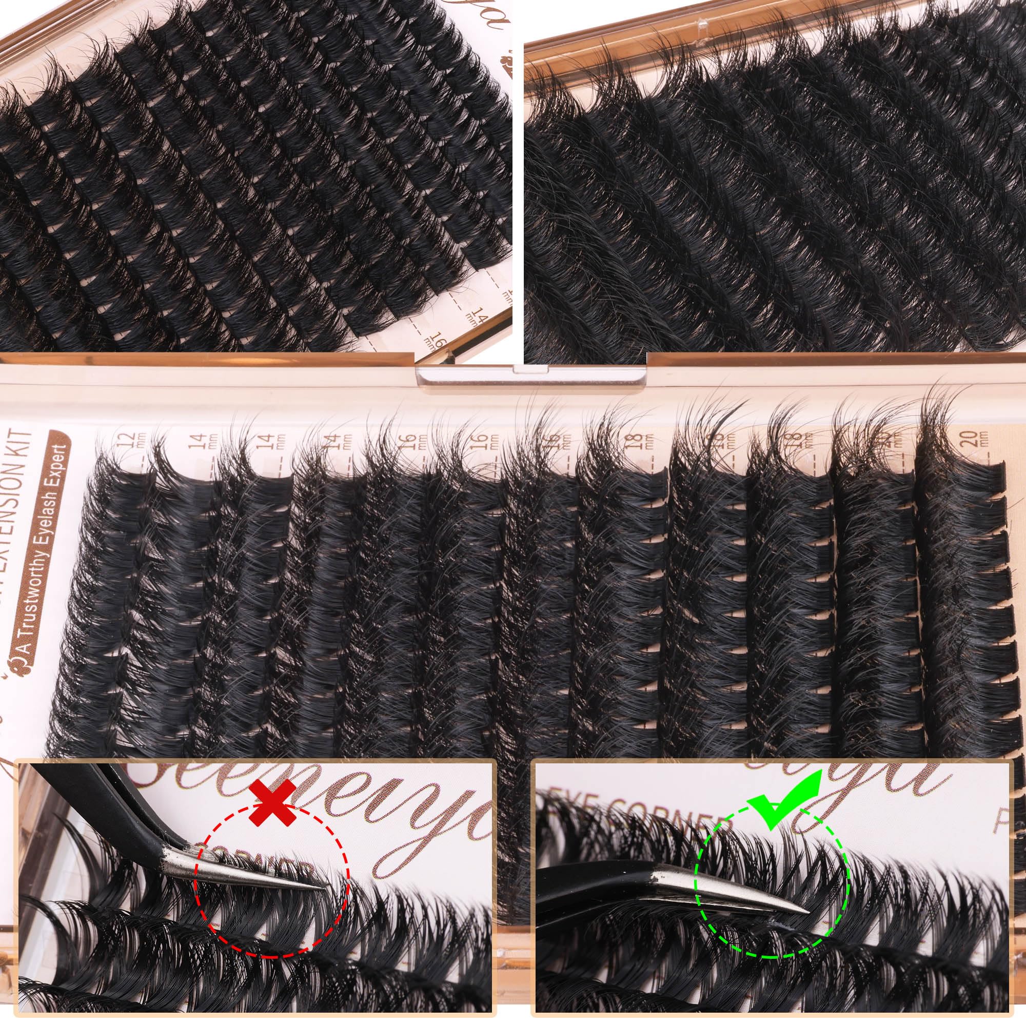 Geeneiya 200D lash clusters in a home-application example for wispy styles.