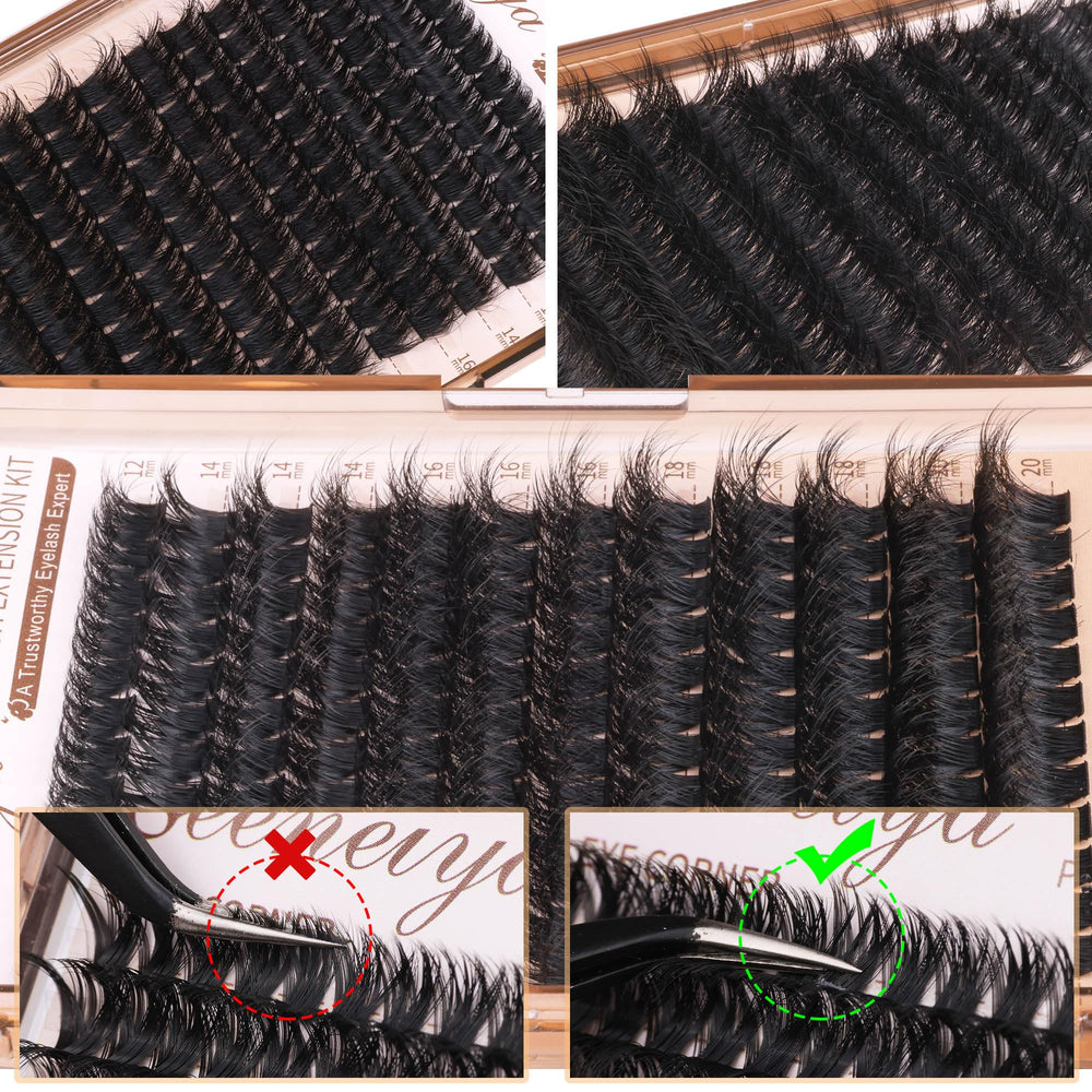 Geeneiya 200D lash clusters in a home-application example for wispy styles.