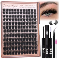 Geeneiya 200D thick lash clusters kit packaging shows premium beginner-friendly kit for at-home lash extensions.