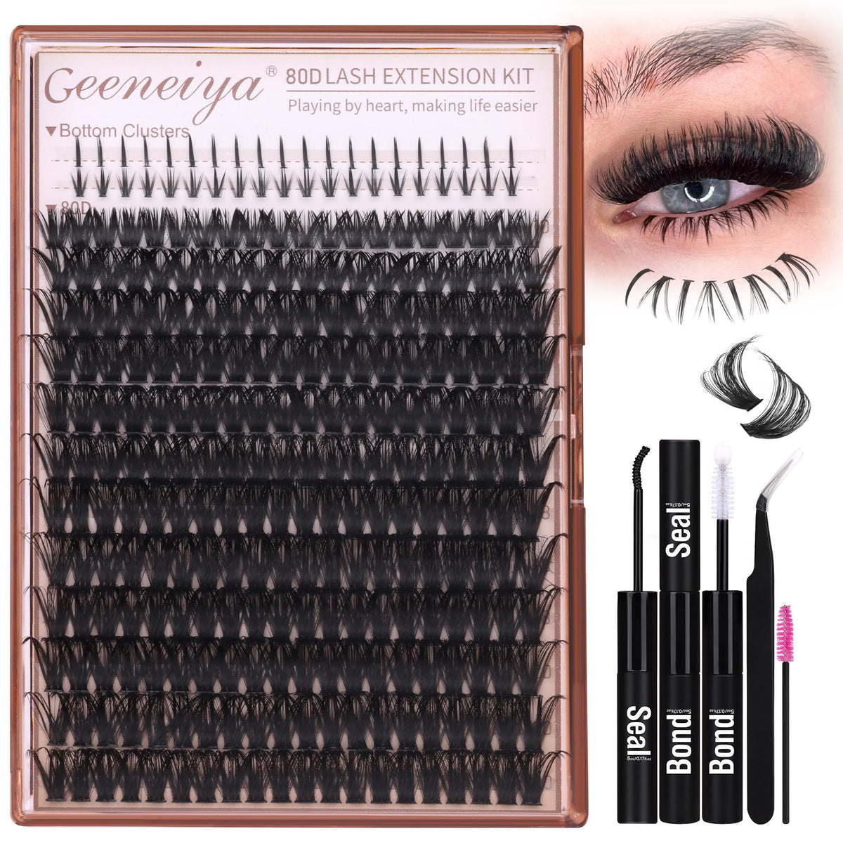 Geeneiya cluster eyelash kit with 80D volume clusters for dramatic, natural-looking lashes at home.