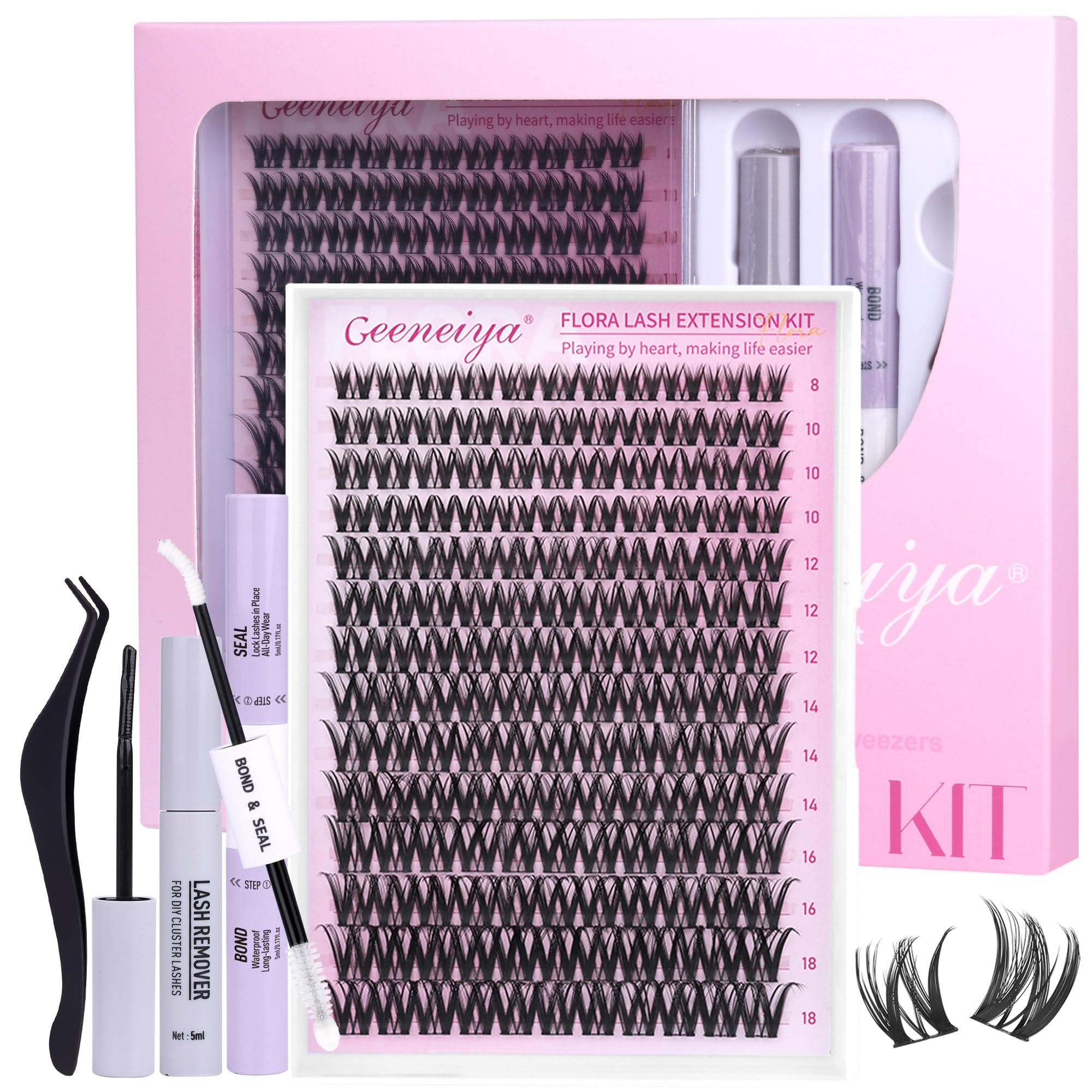 Geeneiya Flora lashes clusters kit application creates a lifted, wispy eye look.