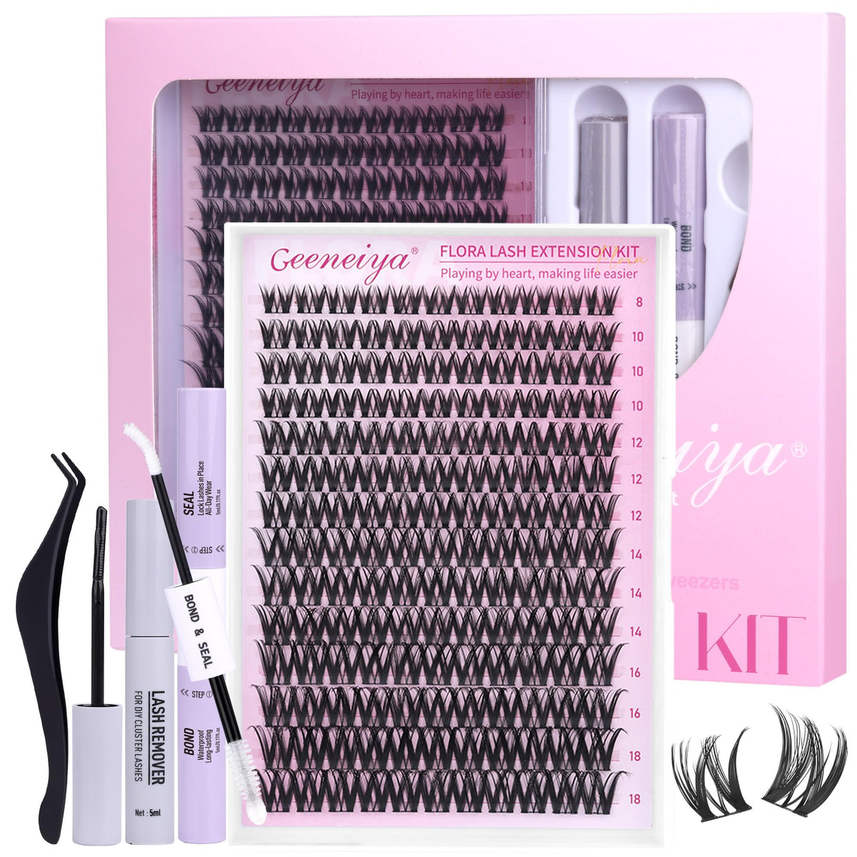 Geeneiya Flora lashes clusters kit application creates a lifted, wispy eye look.