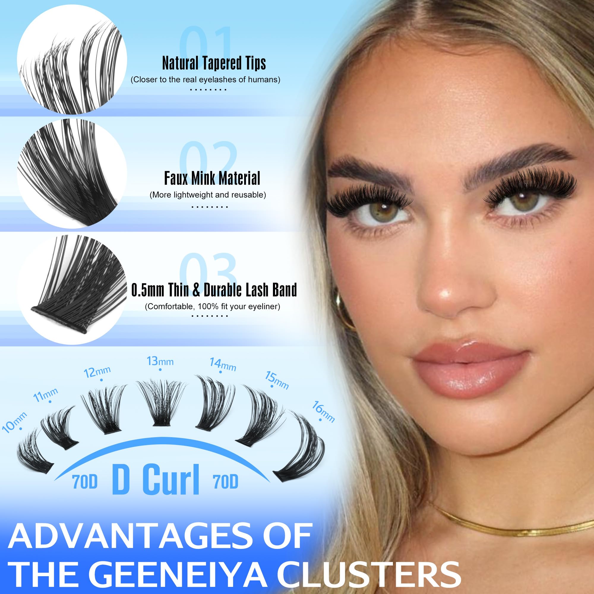 Geeneiya Wispy Lash Clusters Kit length range shows customizable lash sizes.