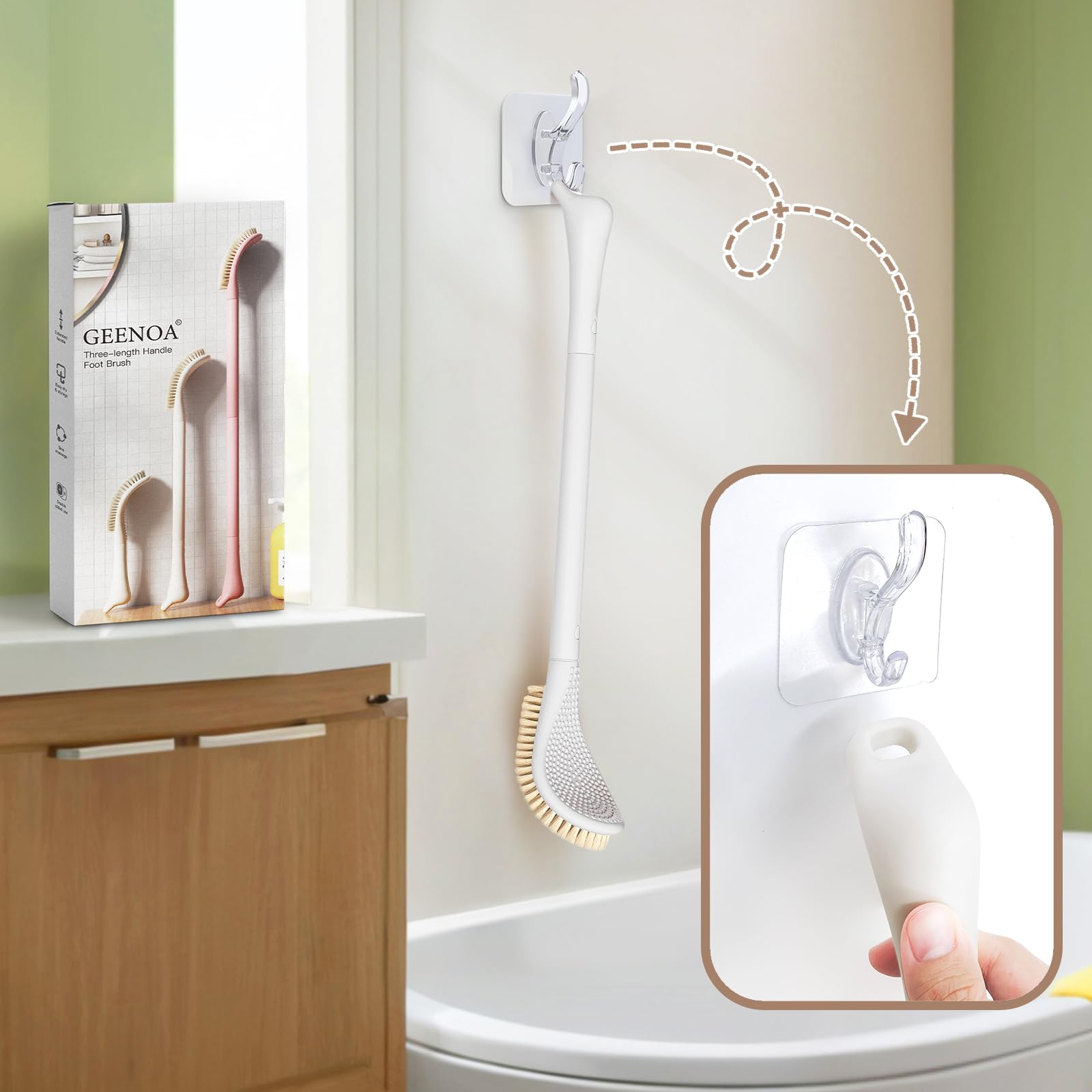 GEENOA foot brush packaged in a gift box with a handy hook for storage.