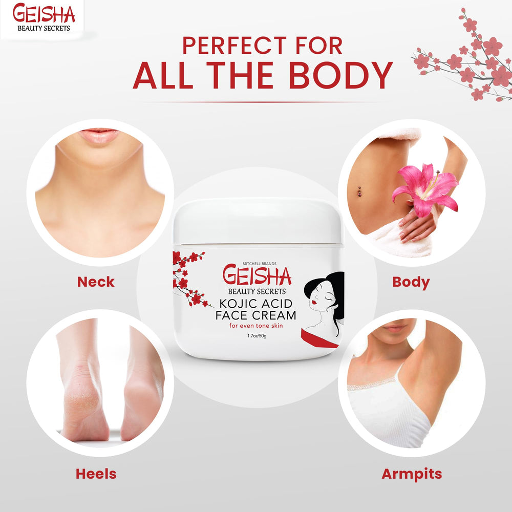 Geisha Kojic Acid Cream applied on body areas like elbows and knees for brightening.