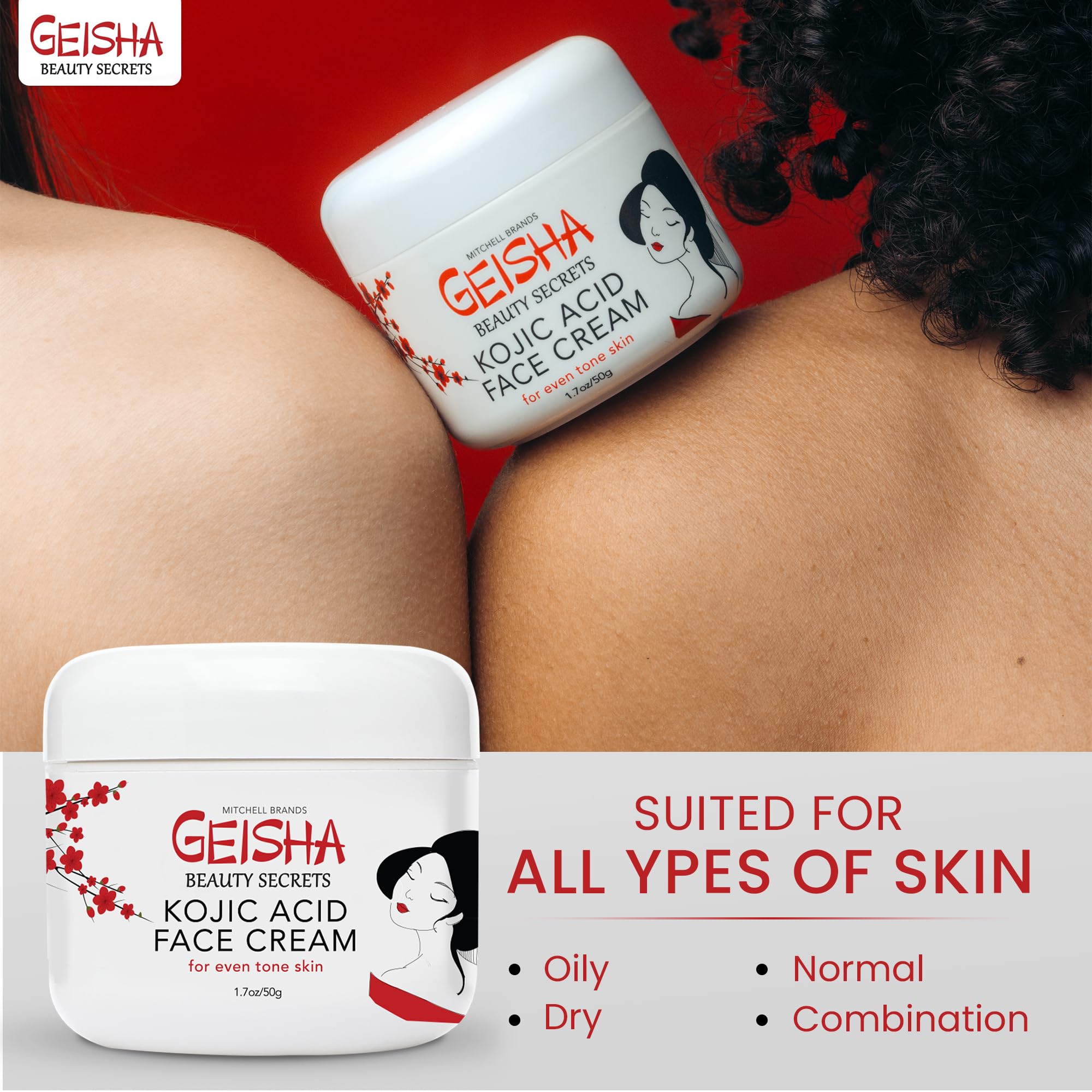 Geisha Kojic Acid Cream on the face illustrates multi-area hydration and care.