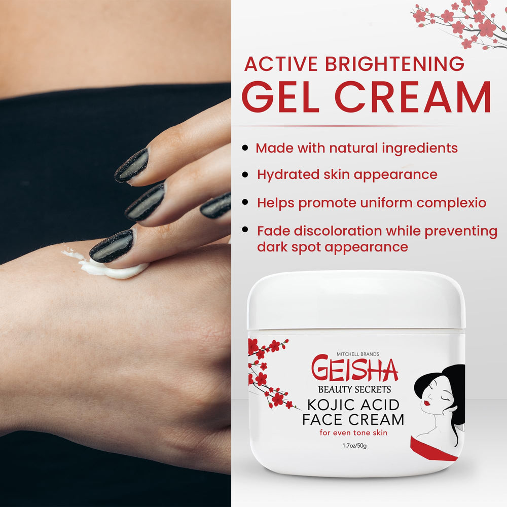 SPF 50 protection shown as part of Geisha Kojic Acid Cream routine.