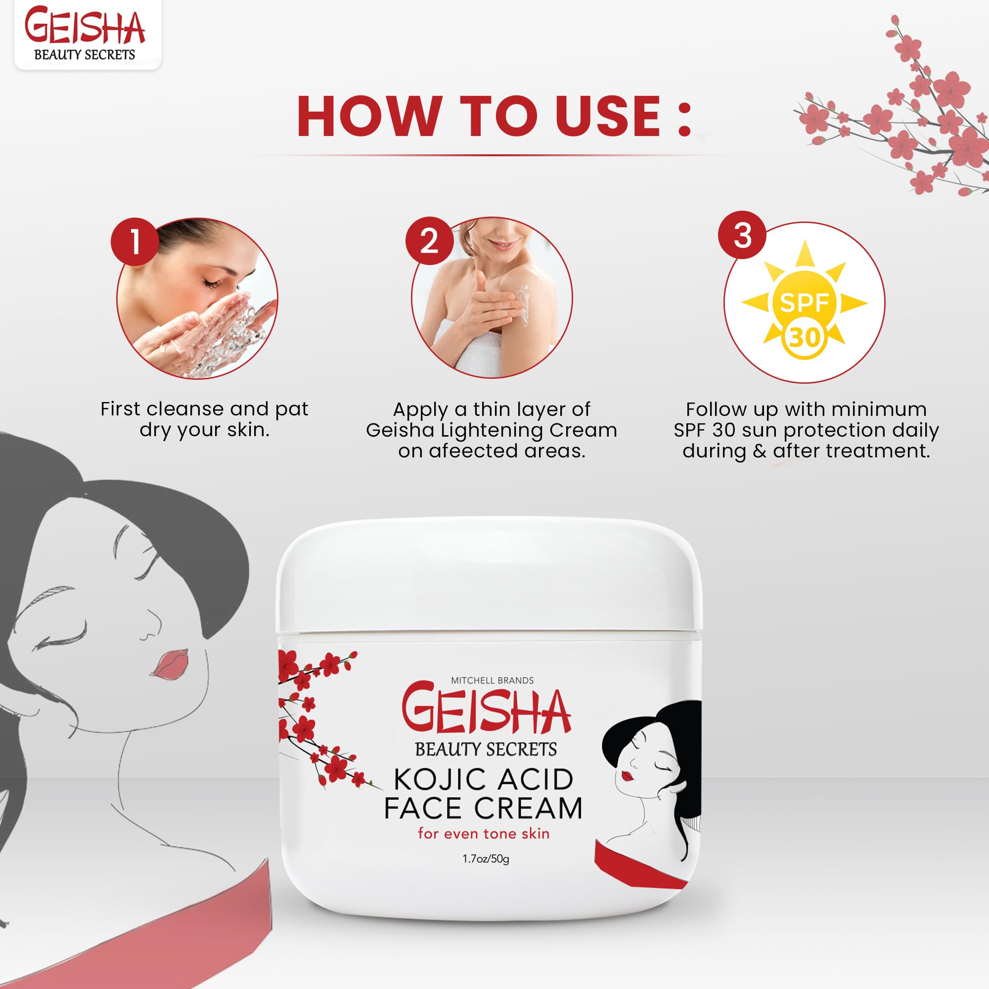 OMIC Geisha Kojic Acid Cream tube application shown for nightly care.
