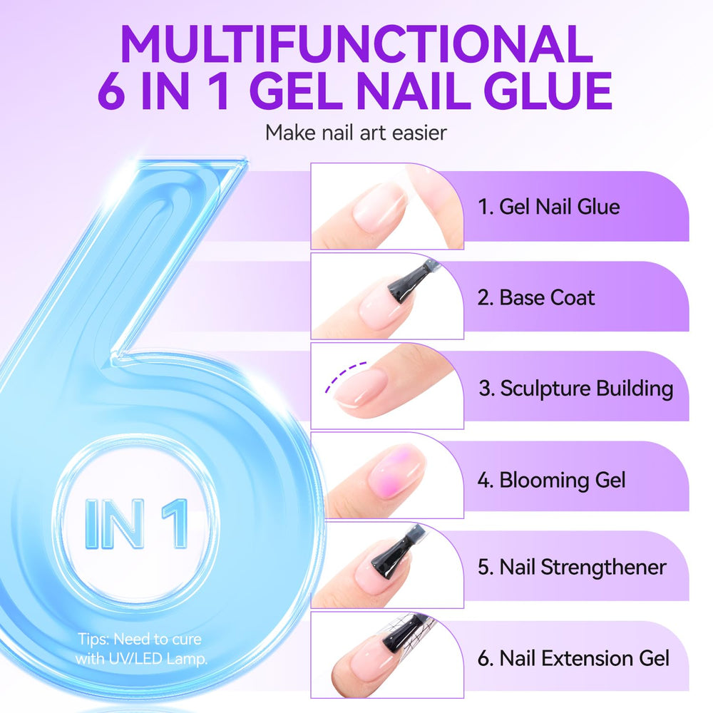 Gelike EC UV nail glue serves as base coat, builder gel, and extension glue for DIY nails.