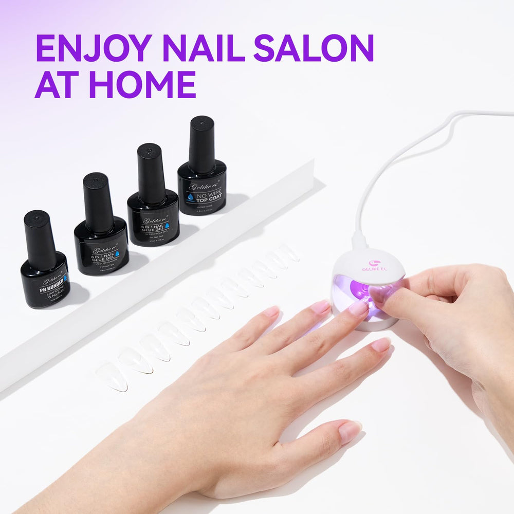 Gelike EC cures in 60-90 seconds under UV/LED lamp for quick sets.