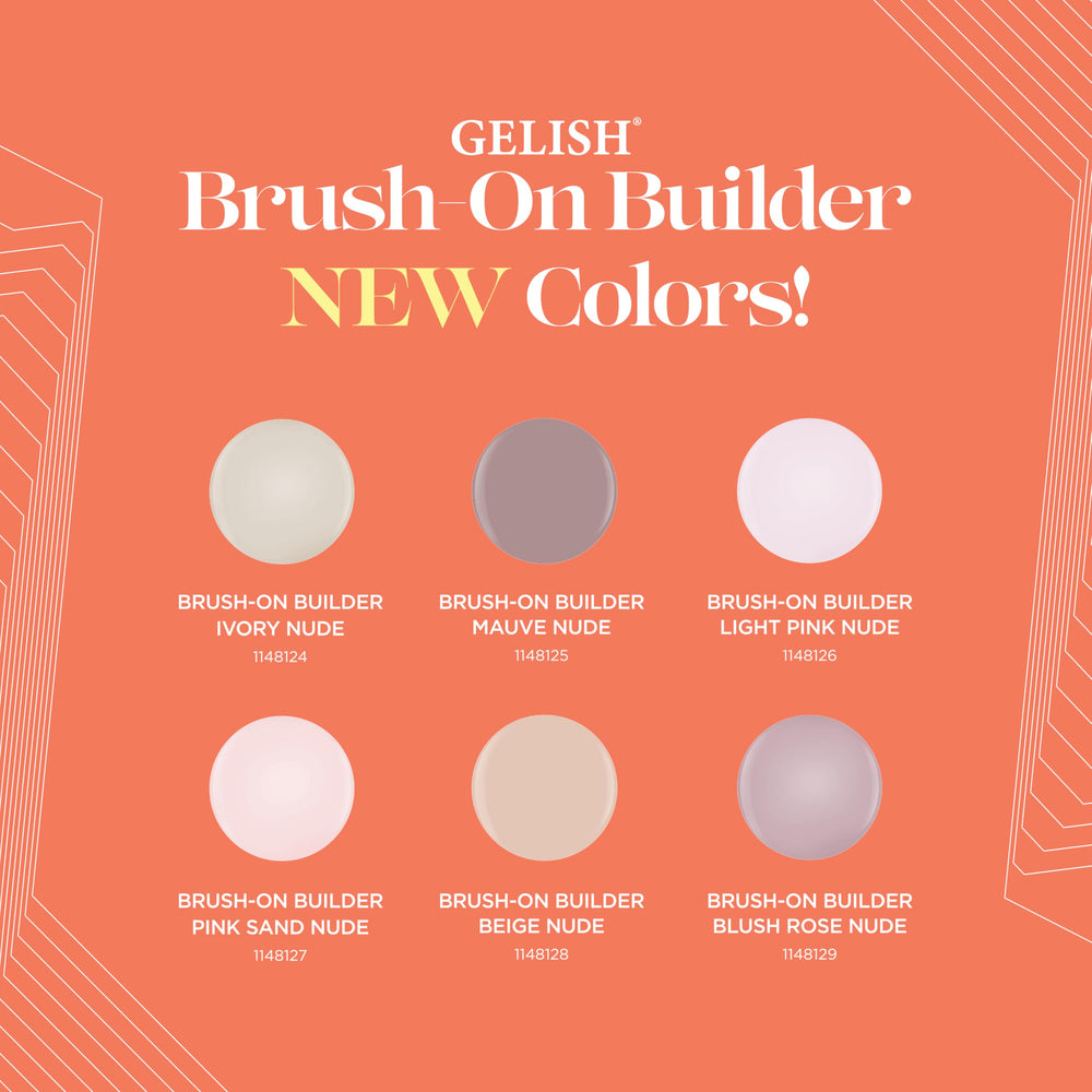 Gelish Brush-On Builder Gel nail art extension swatch shows controlled length building.