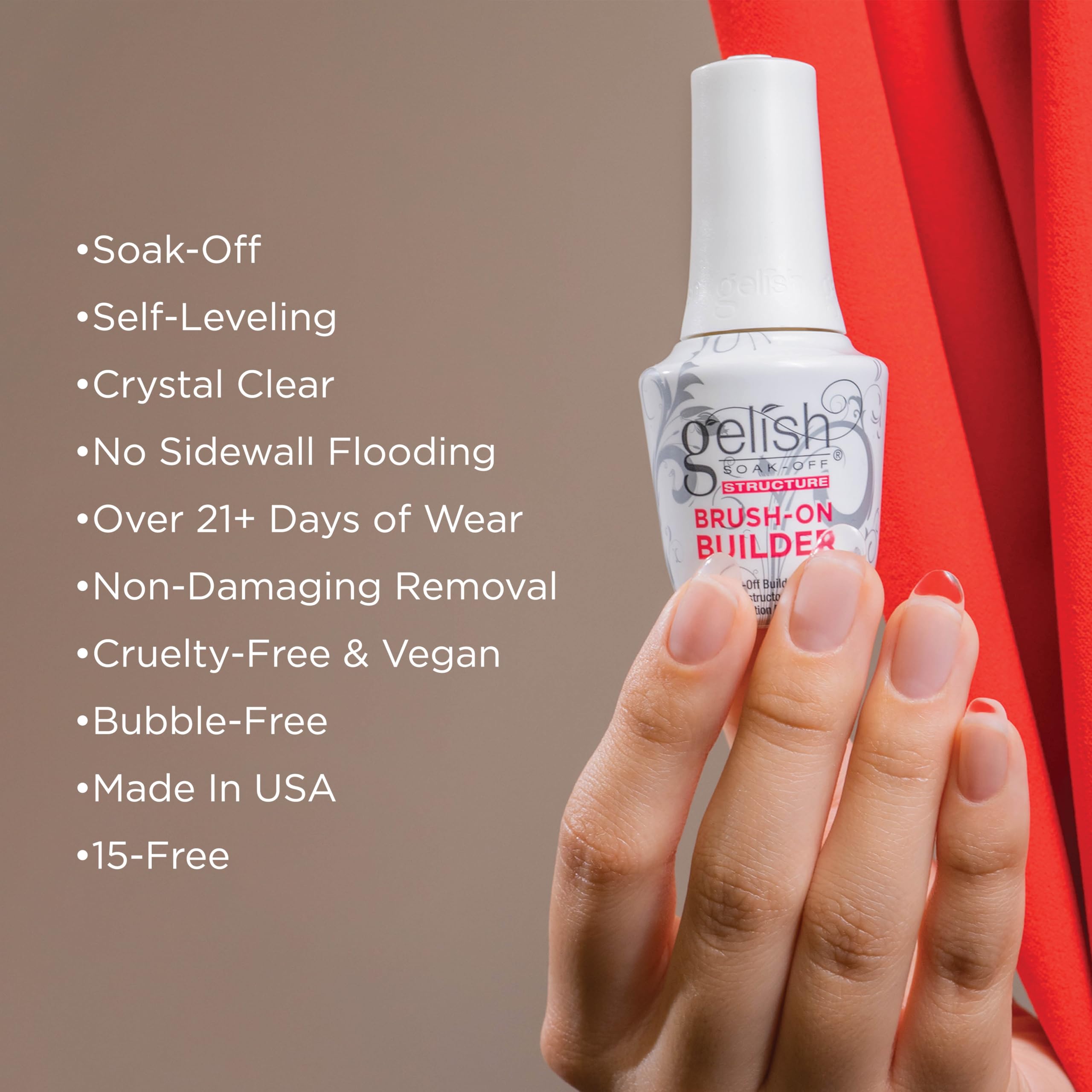 Gelish Brush-On Builder Gel self-leveling swatch reveals even, streak-free finish for overlays.