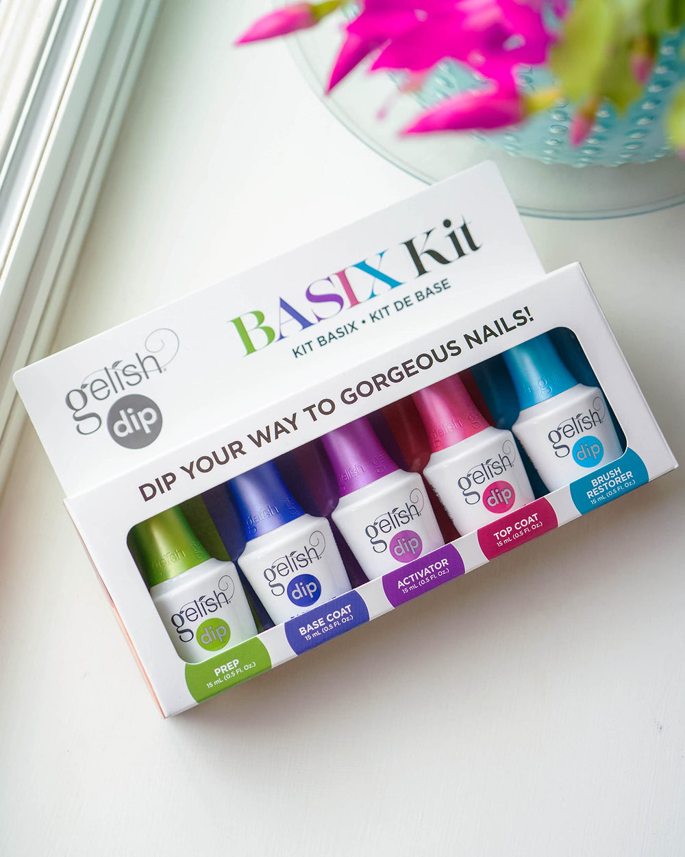 Gelish Dip Basix essentials setup displays the five-step system for easy DIY nails.