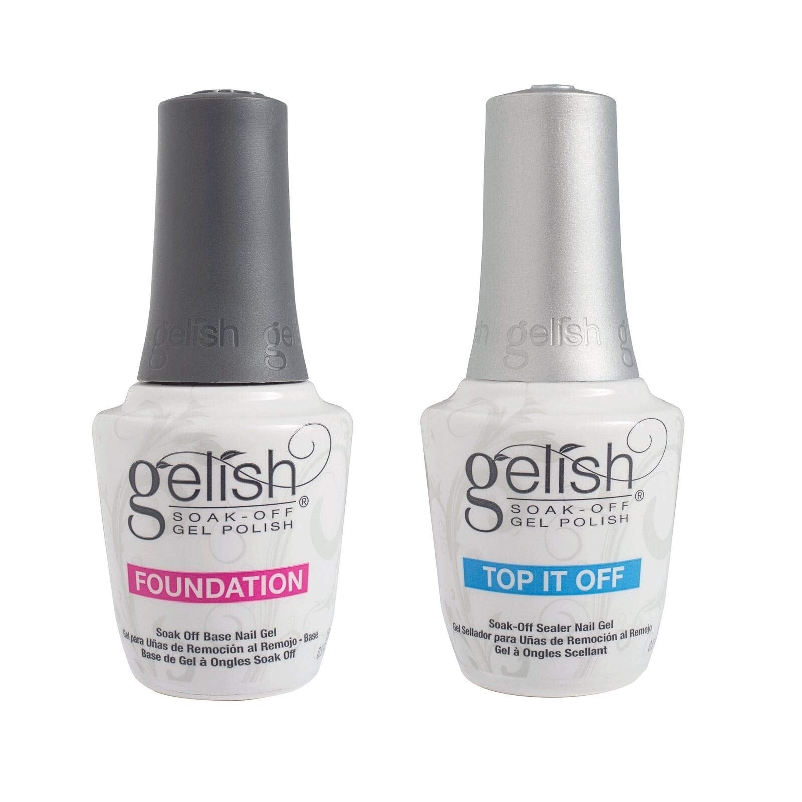 Gelish Dynamic Duo bottle showing foundation base and top sealer for easy at-home gel nails.