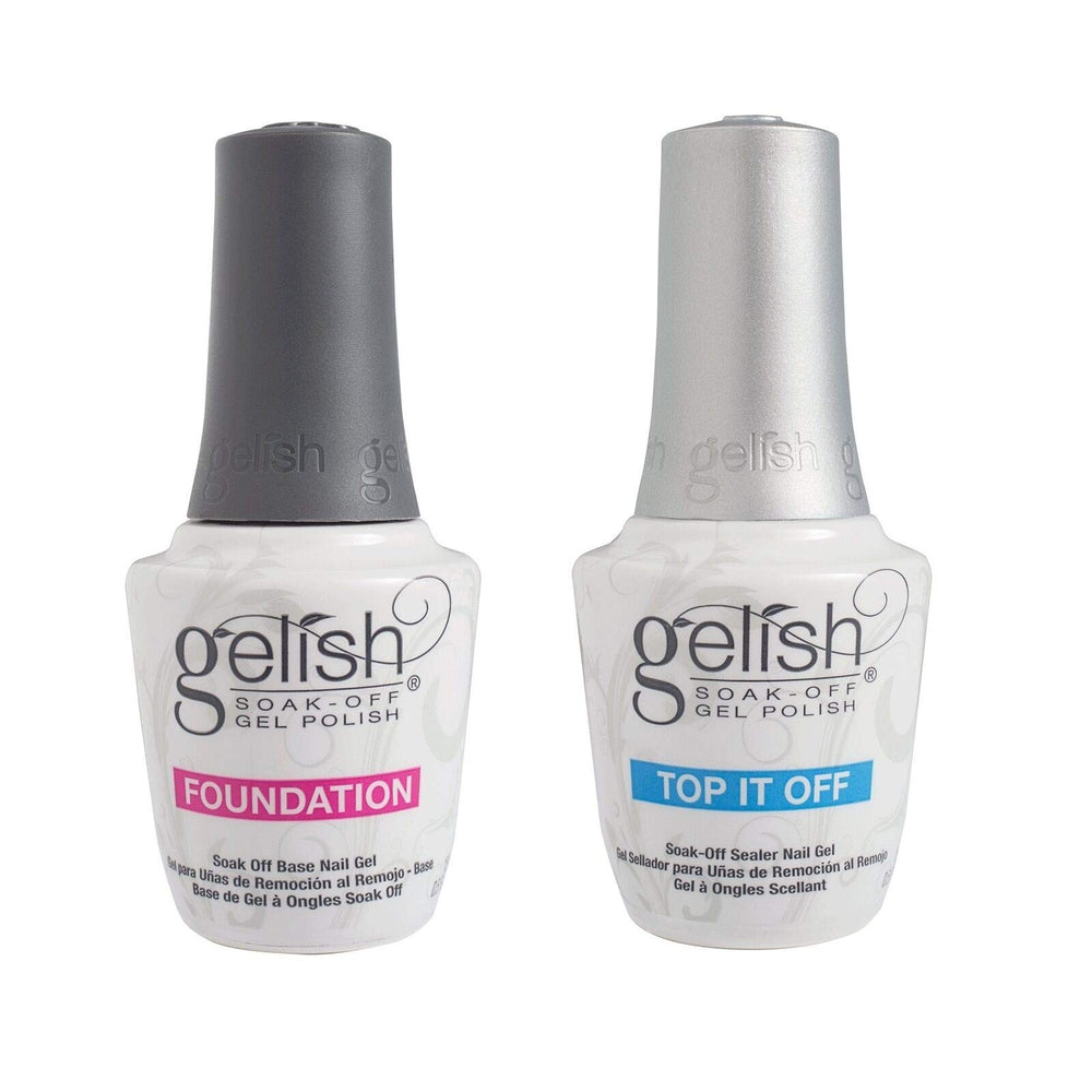 Gelish Dynamic Duo bottle showing foundation base and top sealer for easy at-home gel nails.
