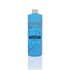 Gelish Nail Surface Cleanse bottle closeup demonstrates tacky residue removal for a glossy finish.
