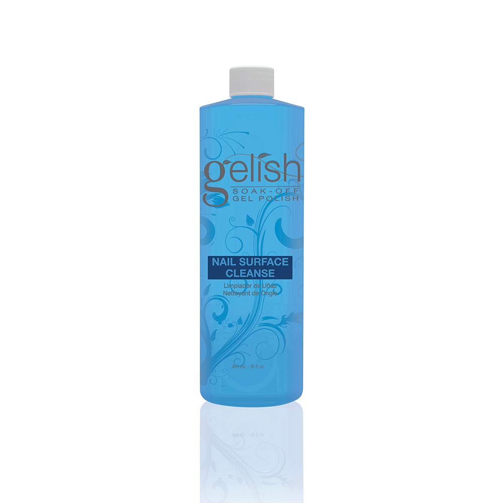 Gelish Nail Surface Cleanse bottle shown for tacky residue removal and prep.
