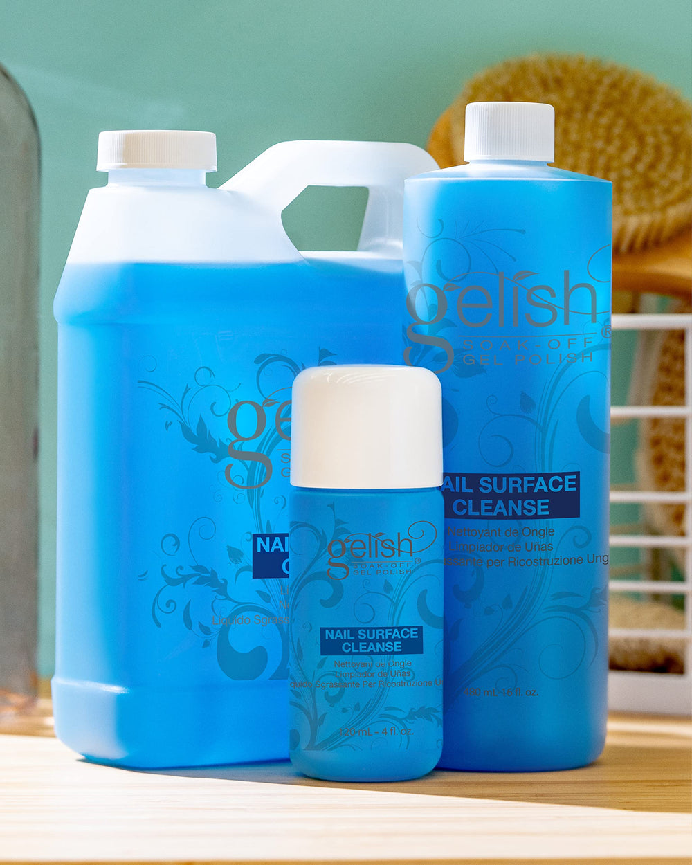 Gelish Nail Surface Cleanse packaging 16oz displays a generous bottle for salon-quality results.