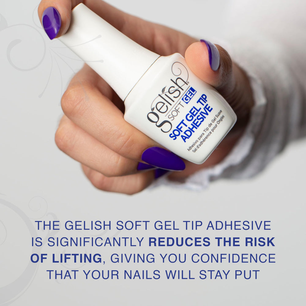 Gelish adhesive being prepared for application on soft gel tips.