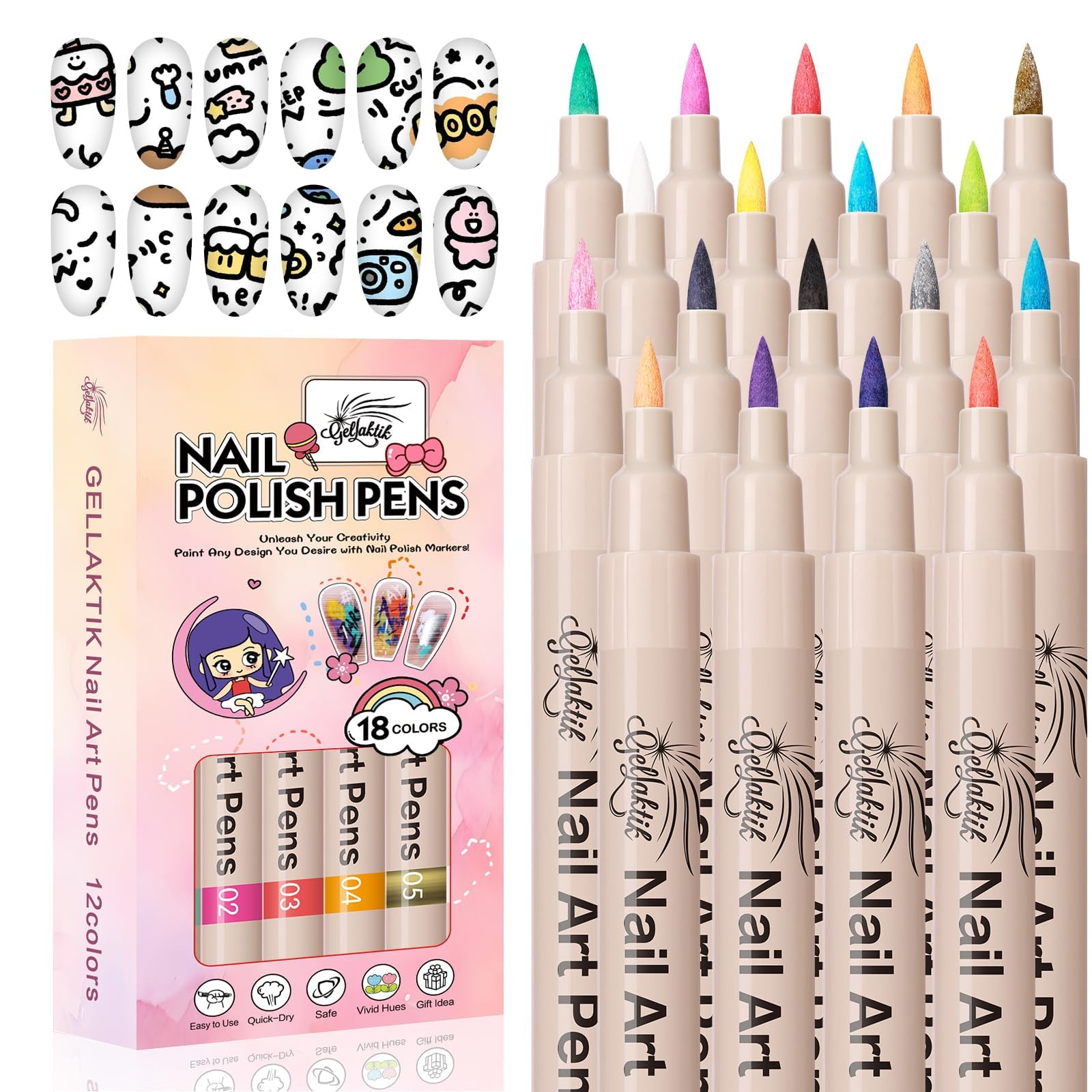 GELLAKTIK 18-color nail art pens set swatches for salon-like DIY designs.