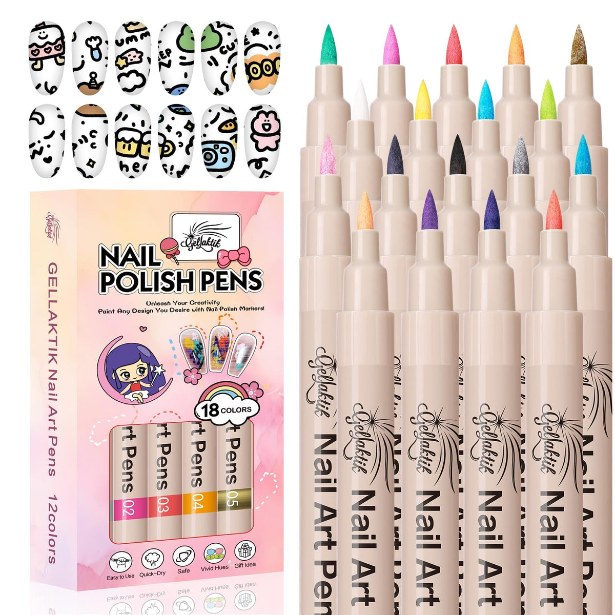 GELLAKTIK 18-color nail art pens set swatches for salon-like DIY designs.