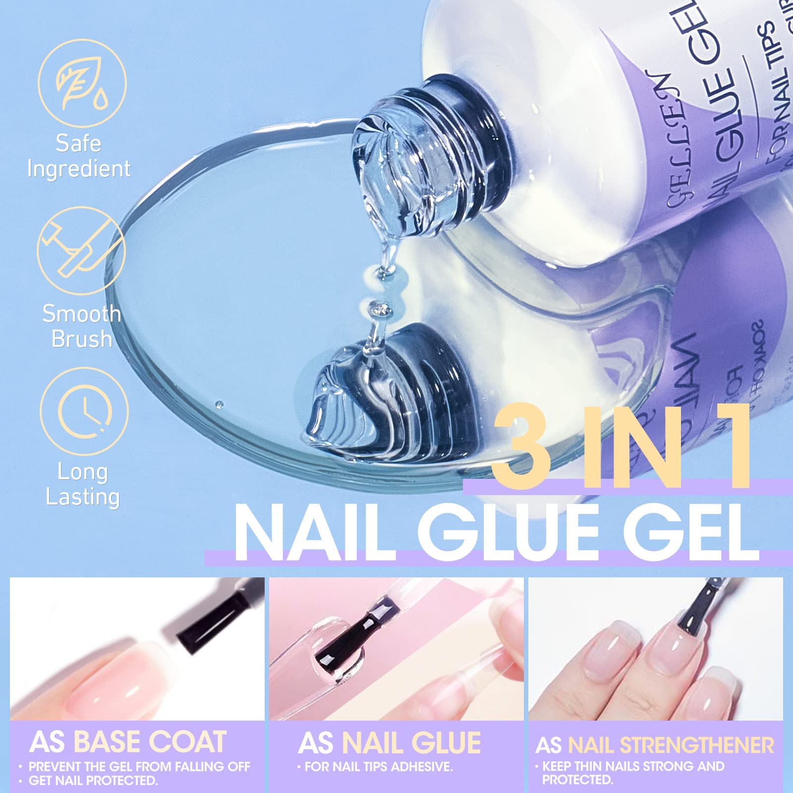 Gellen 3-in-1 nail glue-base gel offers versatile adhesion and protection.