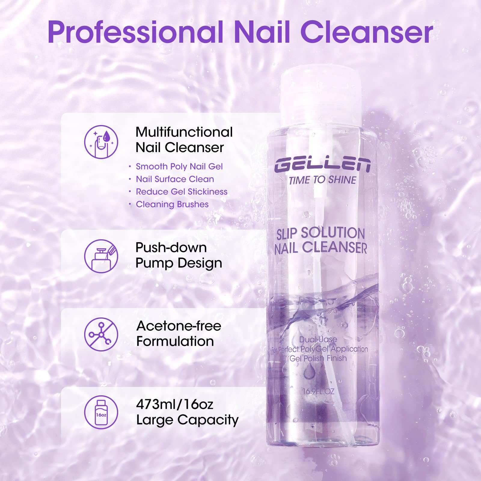 GELLEN nail cleanser prep-adhesion focus removes oils for better adhesion.